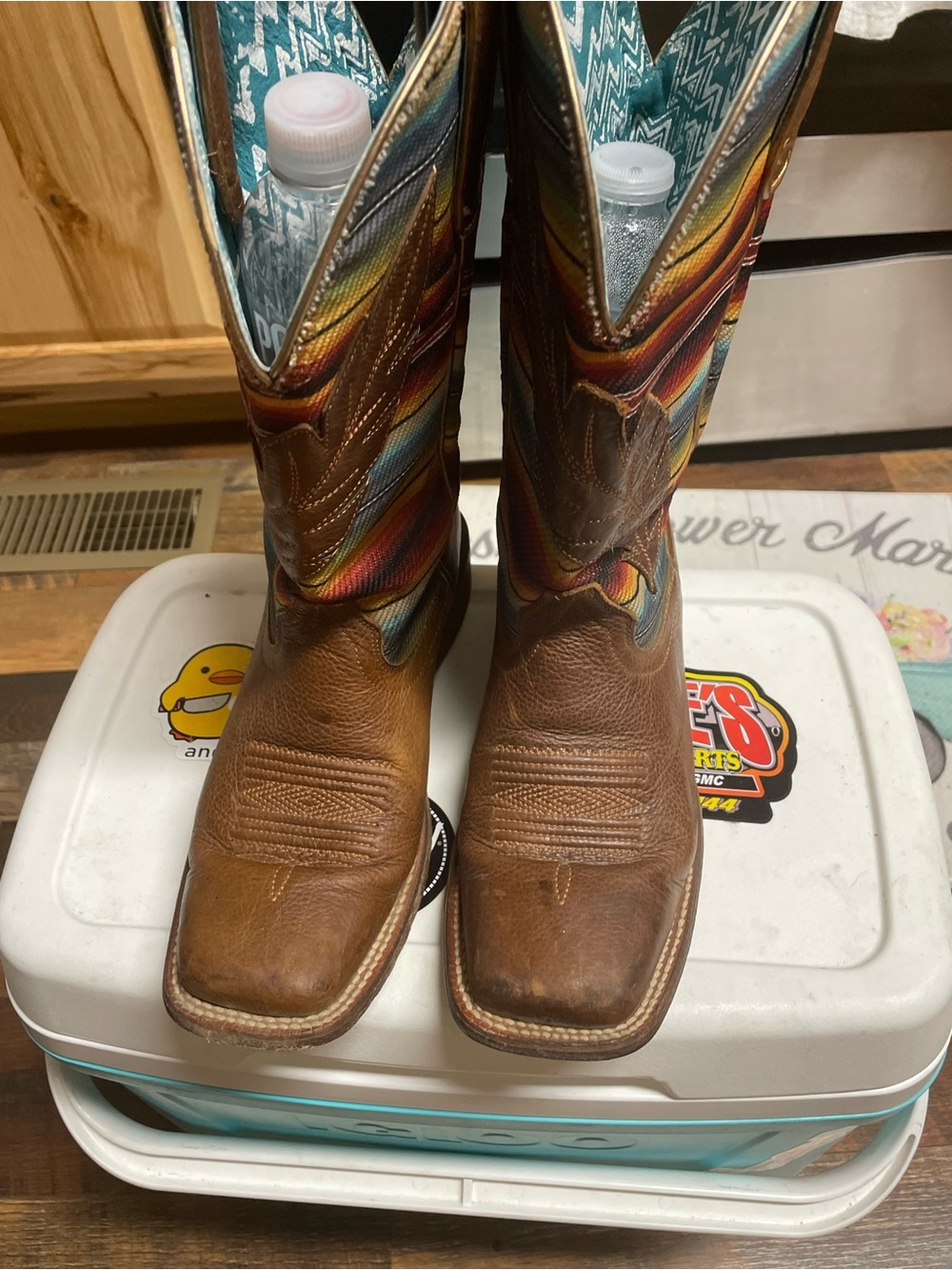 Ariat Brown Leather Cowboy Boots with Colorful Serape Shaft Womens